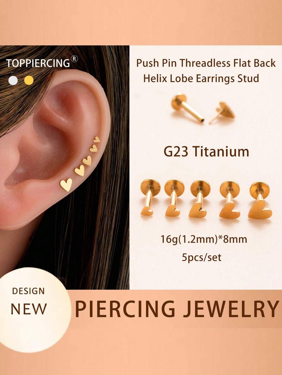 Toppiercing 5pcs/Set G23 Titanium Jewelry Push Pin Threadless Flat Back Supper Tiny Heart Ear Tragus Lobe Cartilage Helix Piercing Stud Earrings For Women - 5pcs/set - View 1