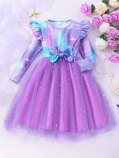 Vestido lindo de manga larga con escala de pez, moño y malla para niña joven