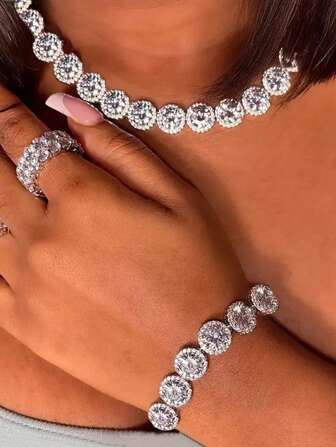 kuuioe 1 件嘻哈圆形水钻时尚闪亮中性链式项链、派对和日常佩戴项链和手链