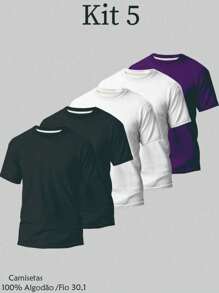 Kit 5 Camiseta Basica Lisa 100% Algodão Fio 30.1 Masculina Unissex Respiravel Custura Reforçada Envio Rapido!! - Preto - Visão 2