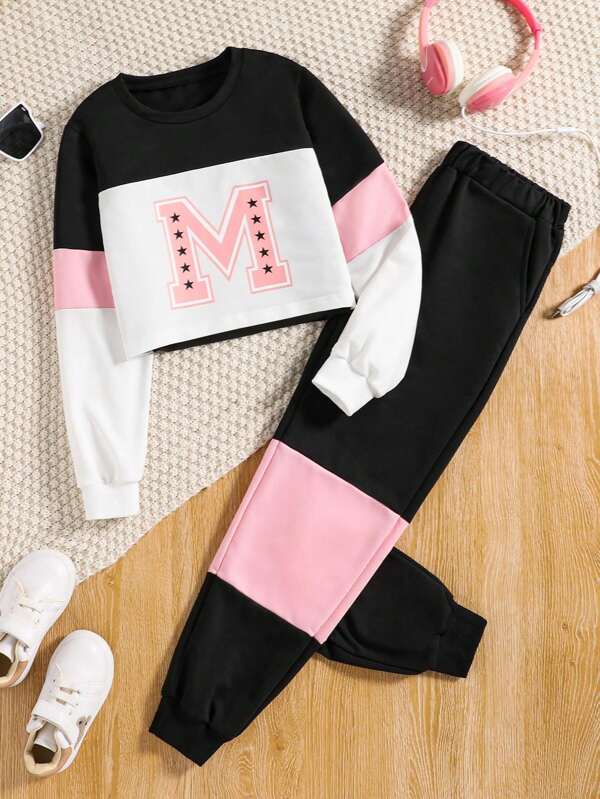 2 pçs/set tween meninas casual carta impressão retalhos tripulação pescoço colheita moletom com cintura elástica calças compridas outfit, outono/inverno