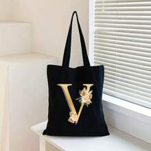 Sacola de Lona Preta Personalizada com Estampa Floral Dourada de Letra A-Z, Sacola de Compras da Moda, Bolsa de Uso Diário, Presente de Aniversário para Mulheres, Presente para Namorada, Lembrança Personalizada de Dama de Honra