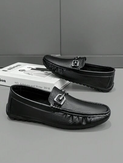 Men's Black Round Toe Casual Slip-On Loafers For Daily Commute, Comfortable Outdoor Shoes For Four Seasons