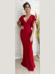 Long Crepe Dress With Ruffles On The Sleeve Solid Color Formal Fashion Women's Prom - Đỏ - Xem 1