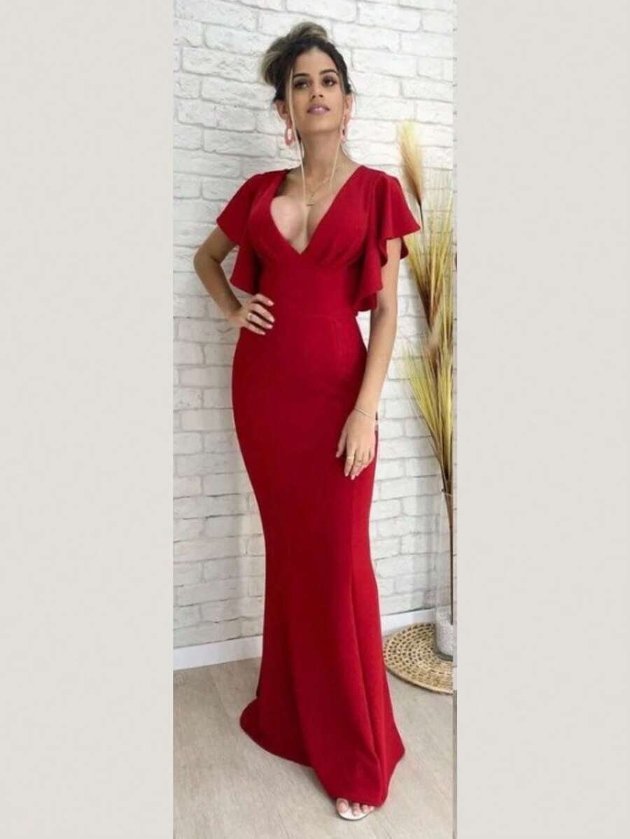 Long Crepe Dress With Ruffles On The Sleeve Solid Color Formal Fashion Women's Prom - Đỏ - Xem 1