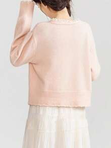 JIANHU Lace Edge Gentle Style Flower Embroidery Cardigan - Pink - View 5