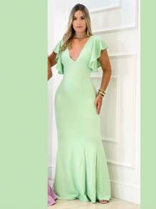 Long Crepe Dress With Ruffles On The Sleeve Solid Color Formal Fashion Women's Prom - 薄荷綠 - 查看 2