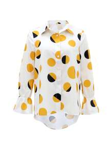 Loose Fit Point Printed Long Sleeve Ruffle Hem Asymmetric Hem Shirt, Spring & Autumn,Long Sleeve Tops - Multicolor - View 4