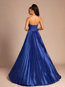 Smilprince 优雅蓝色露肩高开叉长礼服搭配百褶裙，女士正式晚礼服，婚礼宾客舞会礼服，毕业典礼礼服，晚宴礼服 - 寶藍色 - 查看 8