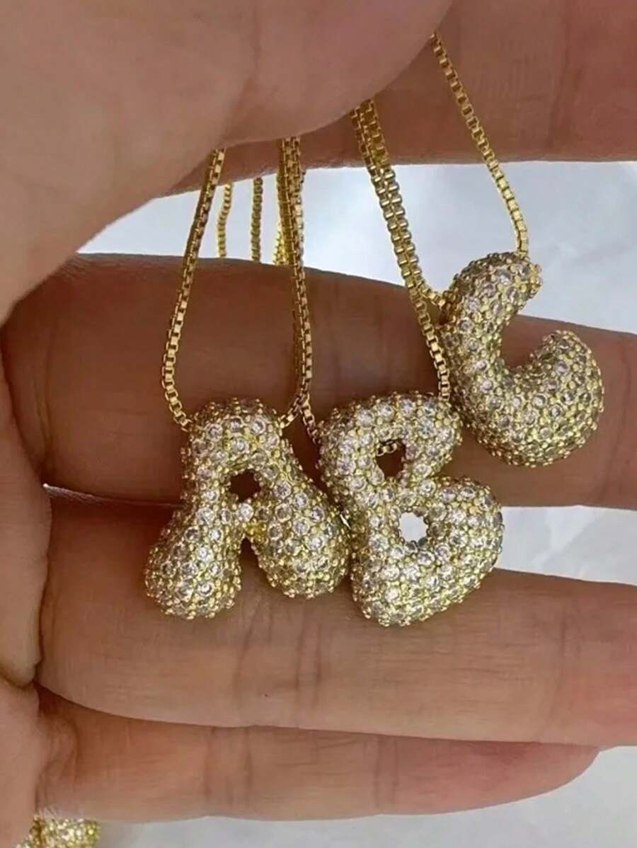 A-Z CZ Zirconia Letter Pendant Necklace, Unisex Punk Style Initial Necklace, Stainless Steel Fashionable Hip-Hop Jewelry - Yellow Gold - View 1