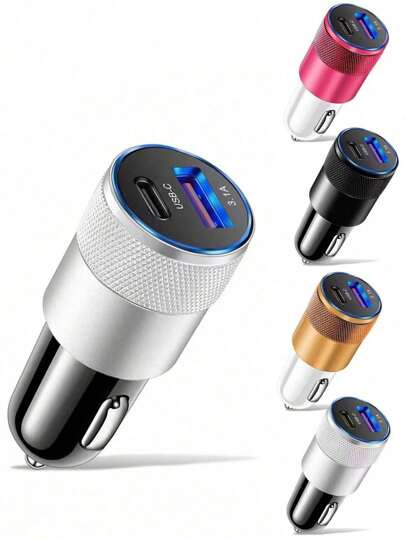 1pc Aluminum Alloy USB+PD Car Charger, Suitable For 12V 24V Cars, Trucks, Charges Phones, Watches, Fans, Tablets