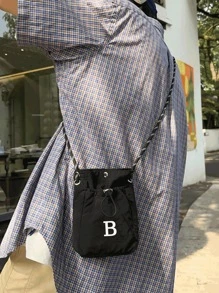 1pc Men's Black Drawstring Shoulder Bag Letter Lightweight Drawstring Small Bag All-Match Mini Shoulder Messenger Bag Outdoor Travel Messenger Coin Purse Man Bag Back To School Students School Supplies Fall Halloween Teacher Crossbody Bag Side Bag Summer Sling Bag For Man Cross Body Bag Side Bag Bag For Man Cylinder Bag Old Money Christmas Gifts For Men Scream Men Bag Bag For Men Winter - Black - View 13