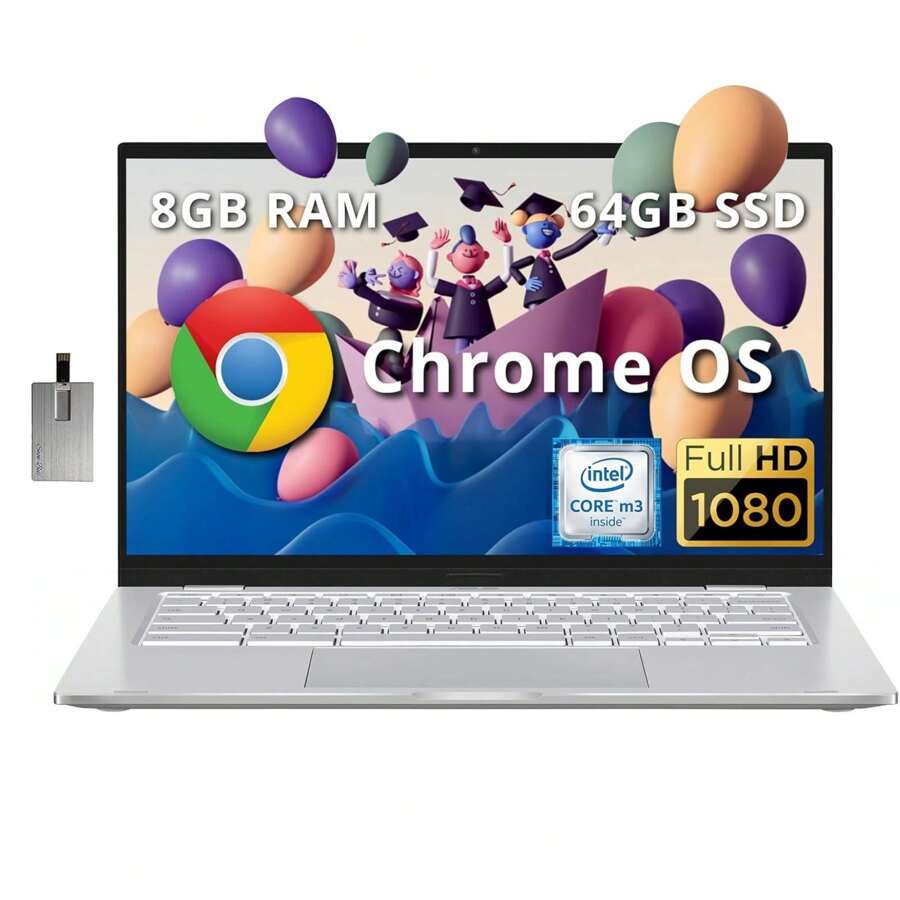 ASUS 14" FHD Chromebook Laptop, Intel M3-8100Y Processor, 8GB RAM, 64GB SSD, Intel HD Graphics, Backlit Keyboard, HD Webcam, Chrome OS, Silver, 128GB Hotface USB Card - 銀色 - 查看 1