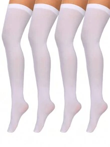 4 Pairs Thin Knitted Solid Color Stretchy Nylon Thigh High Socks, Halloween Costume Party Tight Pants Accessories, Cozy - White - View 2