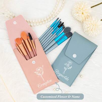 Personalized Customize Name And Flowers Makeup Brush Set, Mother's Day Gift, Leather Travel Makeup Brush Set, Bridesmaid Gift, Wedding Gift, Gift For Her