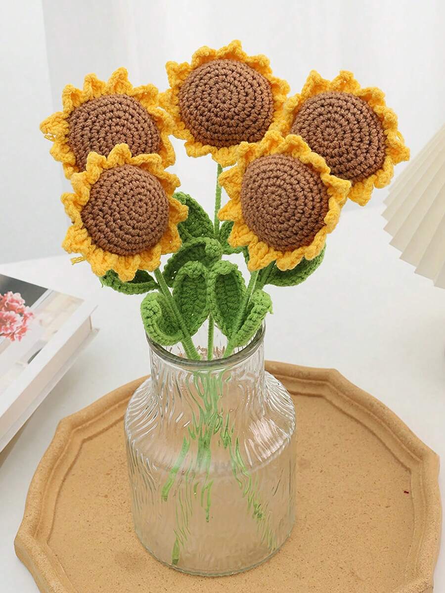 Ramo artesanal tejido de girasoles, creativa flor artificial de ganchillo, decoración de girasoles hecha a mano para el Día del Maestro, Día de la Madre, cumpleaños o regalo de bodas