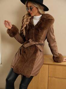 Giolshon Women's PU Faux Fur Jacket With Belt - An Ideal Choice For Autumn/Winter, Fashionable Waist Tie Design, Suitable For Casual Or Commuting Wear - Camel - View 6