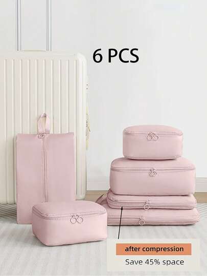 شنطه سفر اغراض سفر لوازم السفر اغراض السفر اشياء للسفر6 قطع مجموعة حقيبة تخزين وضغط سفر لينة وردية البوليأميد - لتنظيم ملابسك وأحذيتك وجوارب ولباس داخلي بسهولة - مثالية لحقيبة السفر والحقيبة الجامعية حقيبة تخزين سفر محمولة مع أكياس أحذية ومستحضرات تجميل ومغسلة لوازم المدرسة للطلاب ، لديكور غرفة النوم ، الضروريات الجامعية للطالب والمعلم ، حقيبة سفر محمولة مقاومة للماء ومنظم حقيبة السفر والملحقات