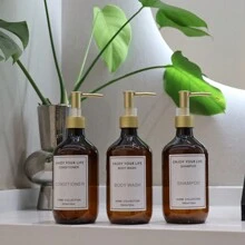 3 szt. 500 ml/16 uncji Brązowe butelki z pompką do balsamu, plastikowe puste pojemniki na szampon, odżywkę, żel pod prysznic, z wodoodpornymi etykietami, wielokrotnego użytku na mydło w płynie, balsam do ciała, kosmetyki, akcesoria łazienkowe Dom Łazienka Wystrój Lato Powrót do szkoły