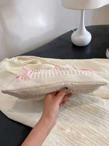 Tropiscape Y2k Bag Baby Pink Bows Pattern Knitted Handbag Foldable Hollow Out Design Crochet Bag Medium Vacation Beige Beach Travel Bag Large Capacity Knitted Hobo Handbag Winter Gifts - Beige - View 10