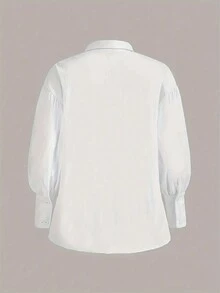 Casual Lantern Sleeve Shirt With Turn-Down Collar - White - View 7