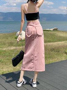 女士休闲时尚磨边开衩牛仔半身裙 - 粉色 - 查看 2