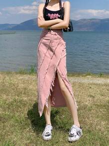 女士休闲时尚磨边开衩牛仔半身裙 - 粉色 - 查看 1