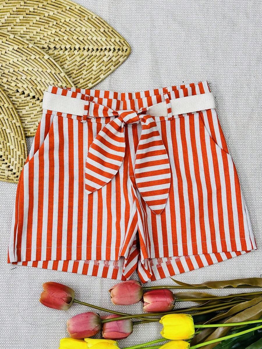 Striped Shorts With Linen Belt - trái cam - Xem 1
