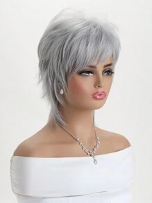 10" Gray Synthetic Fiber Wig For Women With Fluffy Short Curly Hair & Side Bangs, Suitable For Daily, Festival, Party Wear - 銀色 - 查看 2