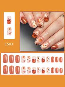 24pcs Short Square Fake Nails, Halloween Wear, Full Coverage Removable Ladies Nail Art Set, Suitable For Party, Ball And Daily Wear - Burnt Orange - View 2