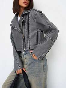 Women Faux Leather Distressed Effect Jacket Lapel Zipper Biker Short Coat - Grey - View 3