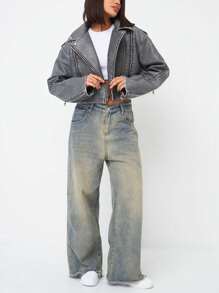 Women Faux Leather Distressed Effect Jacket Lapel Zipper Biker Short Coat - Grey - View 6