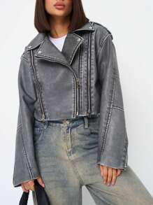 Women Faux Leather Distressed Effect Jacket Lapel Zipper Biker Short Coat - Grey - View 4