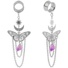 2 piezas Nuevos enchufes colgantes de túneles con pendiente de mariposa de acero inoxidable, dilatadores para perforaciones corporales