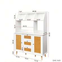 Cabinet With Rattan Door And 3 Drawers, Floor Cabinet With Storage, Buffet Cabinet For Living Room, Dining Room, Entryway - 白色 - 查看 3