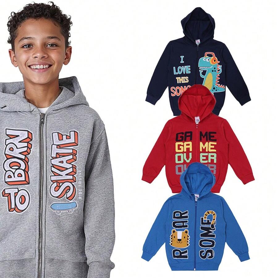 Combo THREE Boys' Hooded Zipper Jackets Sizes 1/2/3/4/6/8 Assorted Models - 彩色 - 查看 1