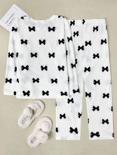 Coral Fleece Bow Sleepwear Pajama Set, Fluffy Pajamas, Minimalist Printed Nightwear Suit, Two Pieces Fall Clothes, Cozy view 7