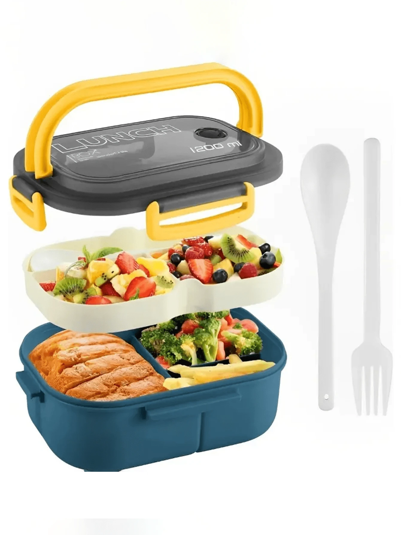 1pc, Bento Box, Lunch Box, Double Layered Lunch Box With Spoon & Fork, High Capacity Food