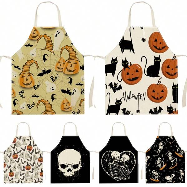 1pc Bat, Pumpkin, Black Cat, Skull Print Linen Fashion Apron, Home Cleaning Kitchen Cooking Household Use Home Decor,Kitchen Decor Decor,Room Decor,Christmas Decor,Party Decor,Party Gift Decorations,Christmas Decorations,Christmas Gift,Kitchen Items,Kitchen Utensils,Kitchen Tools,Kitchen Things.