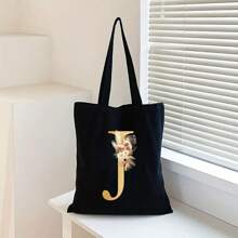 Sacola de Lona Preta Personalizada com Estampa Floral Dourada de Letra A-Z, Sacola de Compras da Moda, Bolsa de Uso Diário, Presente de Aniversário para Mulheres, Presente para Namorada, Lembrança Personalizada de Dama de Honra