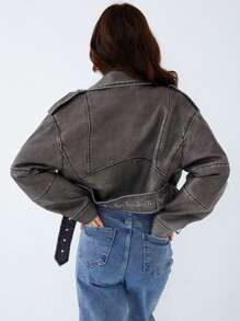 Women's Faux Leather Jacket, Long Sleeve Zip-Up Short Biker Jacket - Grey - View 9