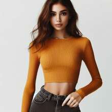 Crop Top En Ribb Manga Larga Cuello Redondo Slim Fit - Mostaza Amarilla - Ver 2