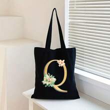 Sacola de Lona Preta Personalizada com Estampa Floral Dourada de Letra A-Z, Sacola de Compras da Moda, Bolsa de Uso Diário, Presente de Aniversário para Mulheres, Presente para Namorada, Lembrança Personalizada de Dama de Honra