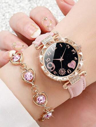 Girl's Fashionable Minimalist Rhinestone Heart Shape Dial Quartz Watch And Rhinestone Heart Decor Bracelet Set