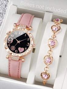 Girl's Fashionable Minimalist Rhinestone Heart Shape Dial Quartz Watch And Rhinestone Heart Decor Bracelet Set - Pink - View 2