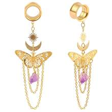 2 piezas Nuevos enchufes colgantes de túneles con pendiente de mariposa de acero inoxidable, dilatadores para perforaciones corporales