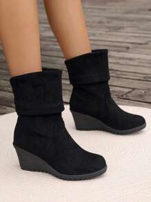 Giày bốt cao đến giữa bắp chân màu trơn thời trang nữ mũi tròn đế xuồng xếp ly thoải mái, giày bốt đa năng cho mùa thu/đông - màu đen - Xem 3