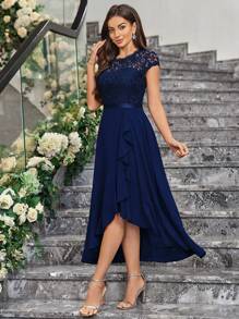 MIUSOL Contrast Floral Lace Chiffon Ruffle Hem Formal Party Long Dress Elegant Bridesmaid Dress