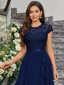 MIUSOL Contrast Floral Lace Chiffon Ruffle Hem Formal Party Long Dress Elegant Bridesmaid Dress