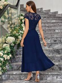 MIUSOL Contrast Floral Lace Chiffon Ruffle Hem Formal Party Long Dress Elegant Bridesmaid Dress